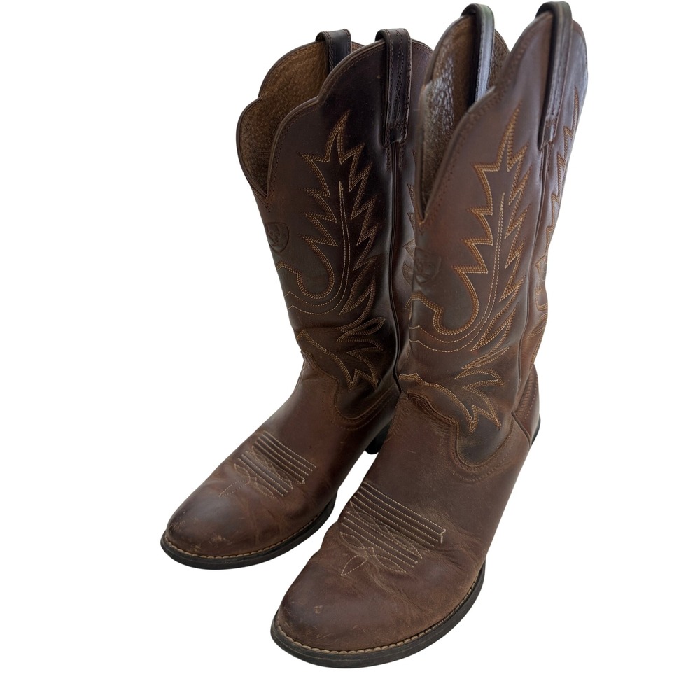 Ariat Western Cowboy Boots Womens 7.5 Brown Leather Leaf Embroidery Snip Toe - Picture 1 of 11